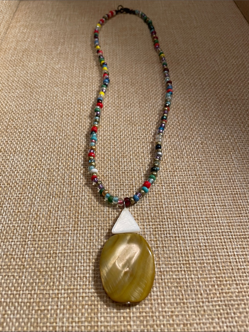 Handmade Multicolor Beaded Necklace with Mother of Pearl and Shell Pendant